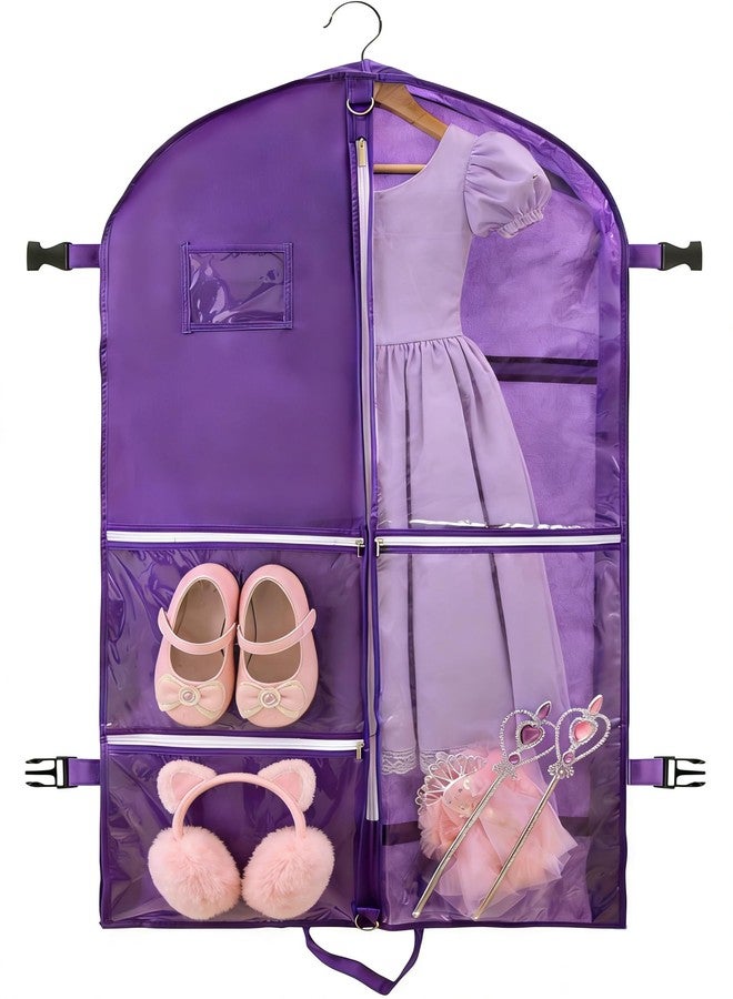 FrexCheng 40" Dance Garment Bag for Kids - Hanging Waterproof Garment Bag with 5 Clear Zipper Pockets & ID Window, Portable Foldable Clothes Bag for Dance Costumes, Skating, Cheer, Pageants (purple, buckle) - Image 1